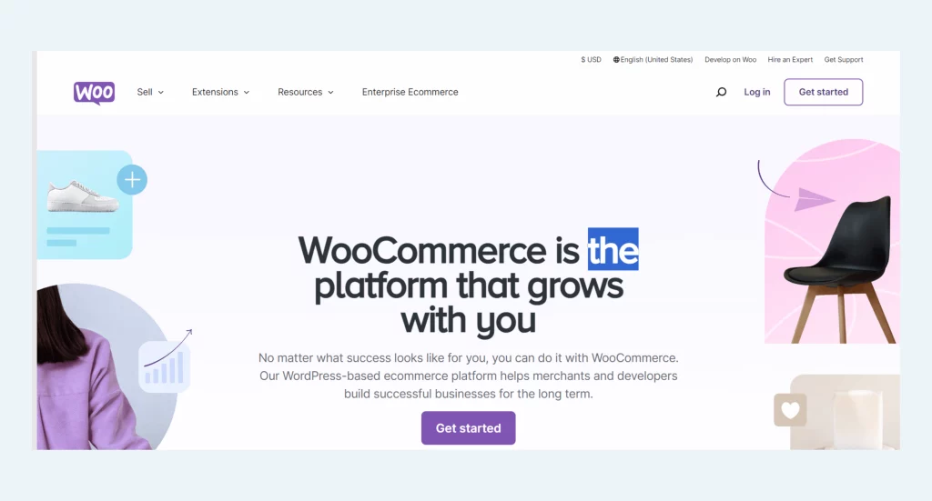 Screenshot of WooCommere's localized website with regional selection options in the header